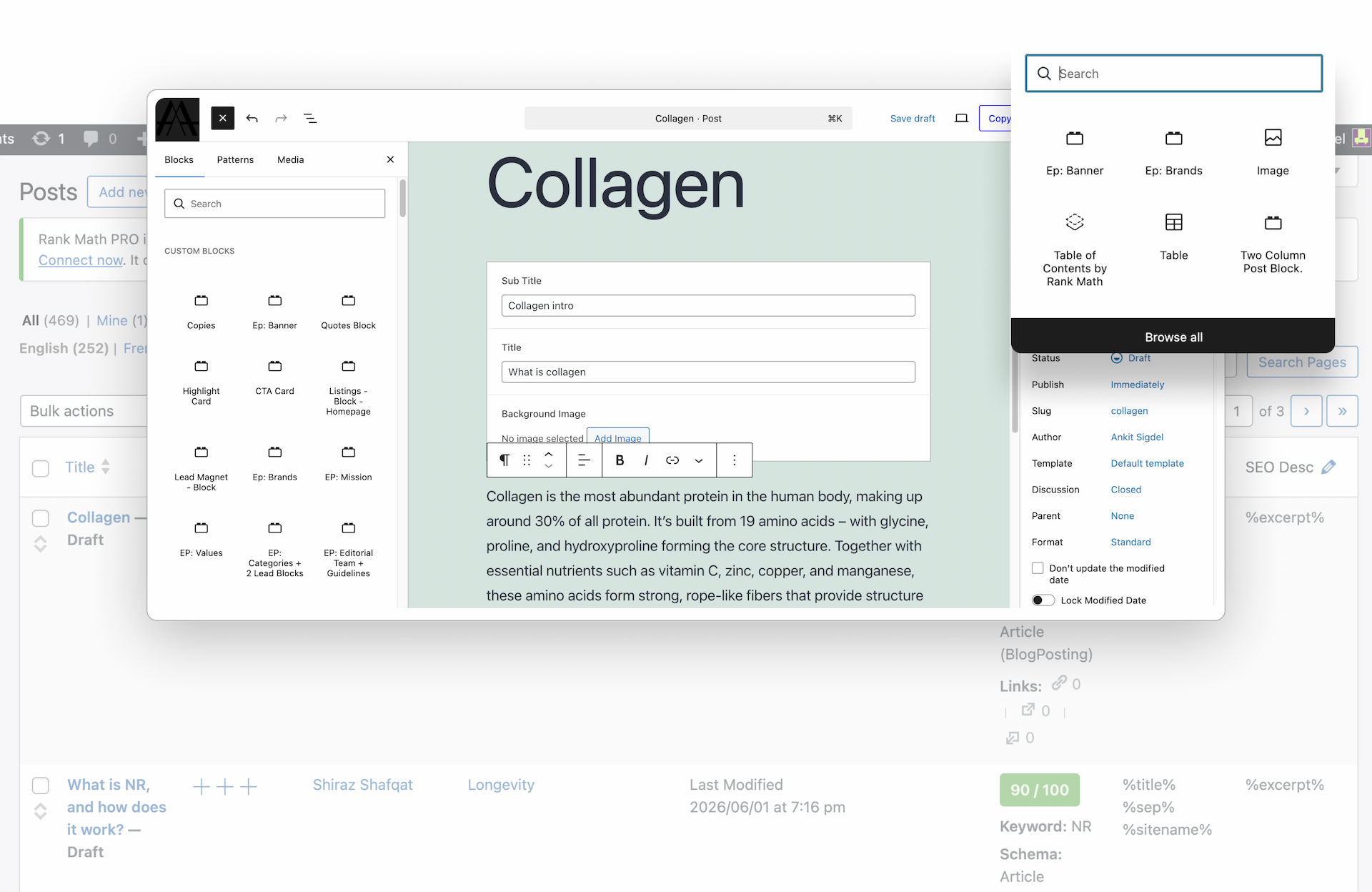 Avealife WordPress admin — editorial workflow and content management