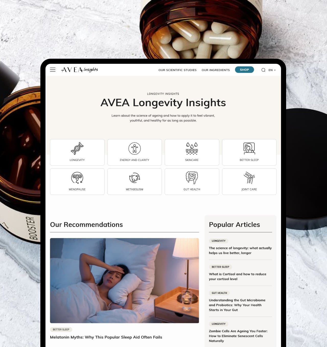 Avea Longevity Insights blog on desktop