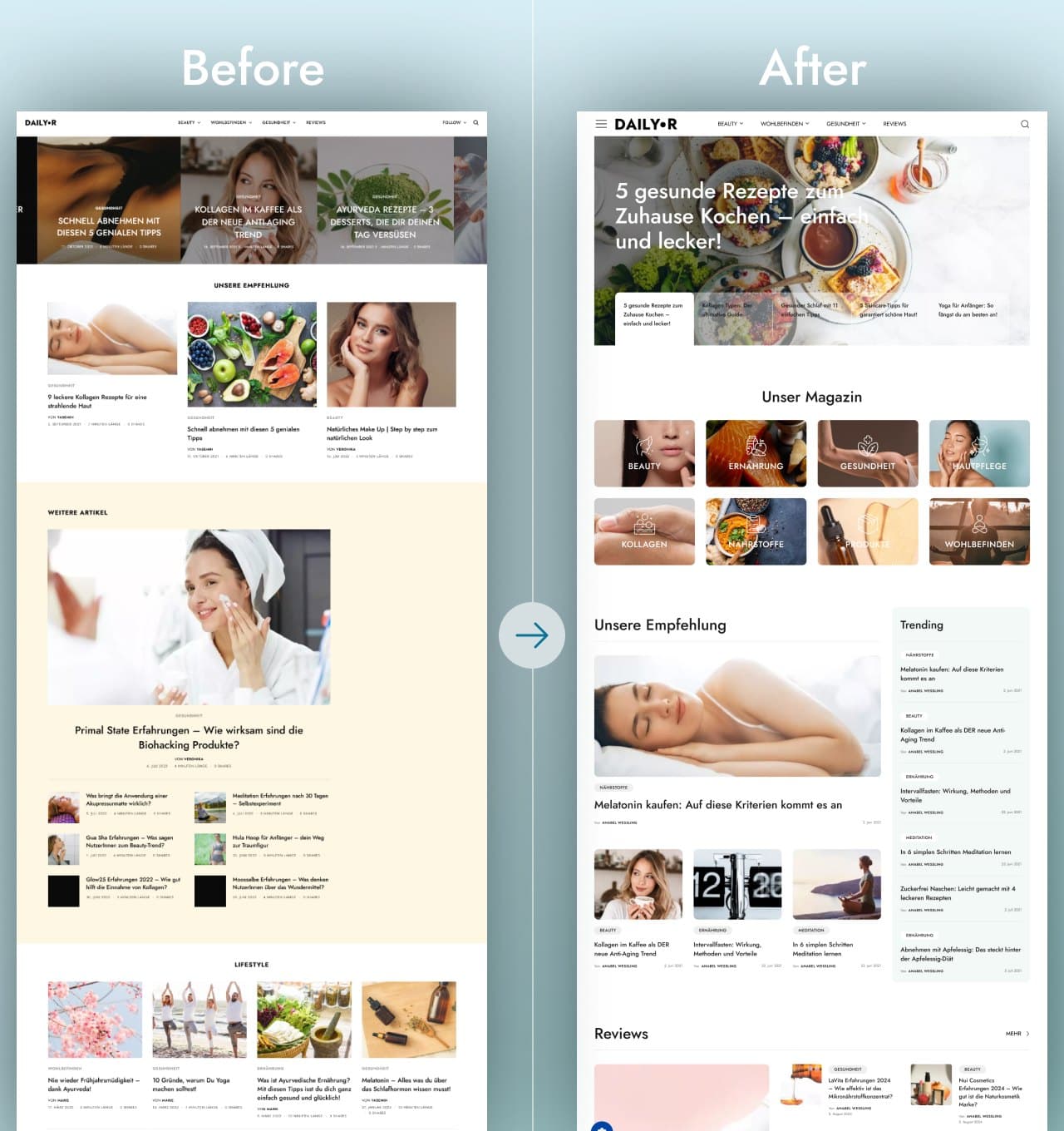 Daily Rituals homepage before and after the redesign