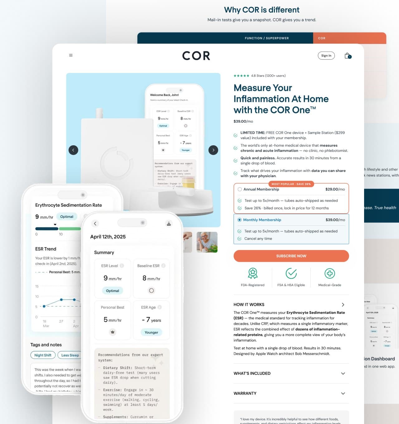 The COR One device beside the COR app showing a reading