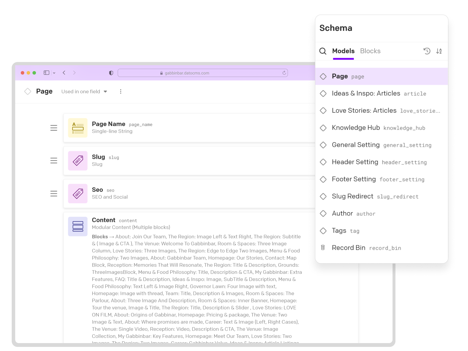 DatoCMS content model — editorial workflow and content architecture
